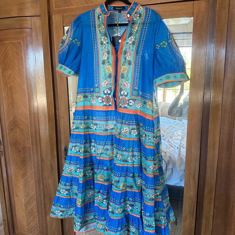 Beulah Blue and Orange Floral Midi Dress